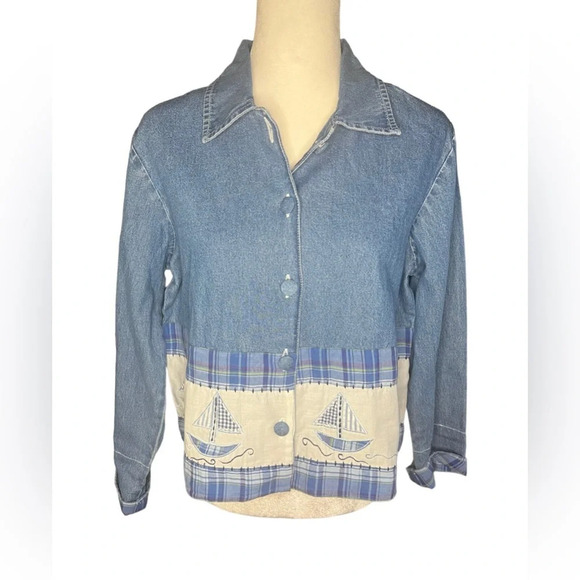 Coastal Grandma Quilted Denim Jacket 100% Cotton Small Sailing Nautical - Picture 1 of 4
